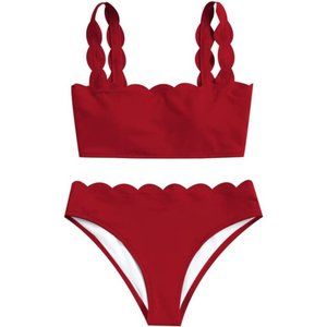 ZAFUL Bikini 2-Piece Lace Up Scalloped Textured High Waisted Padded Wire Free